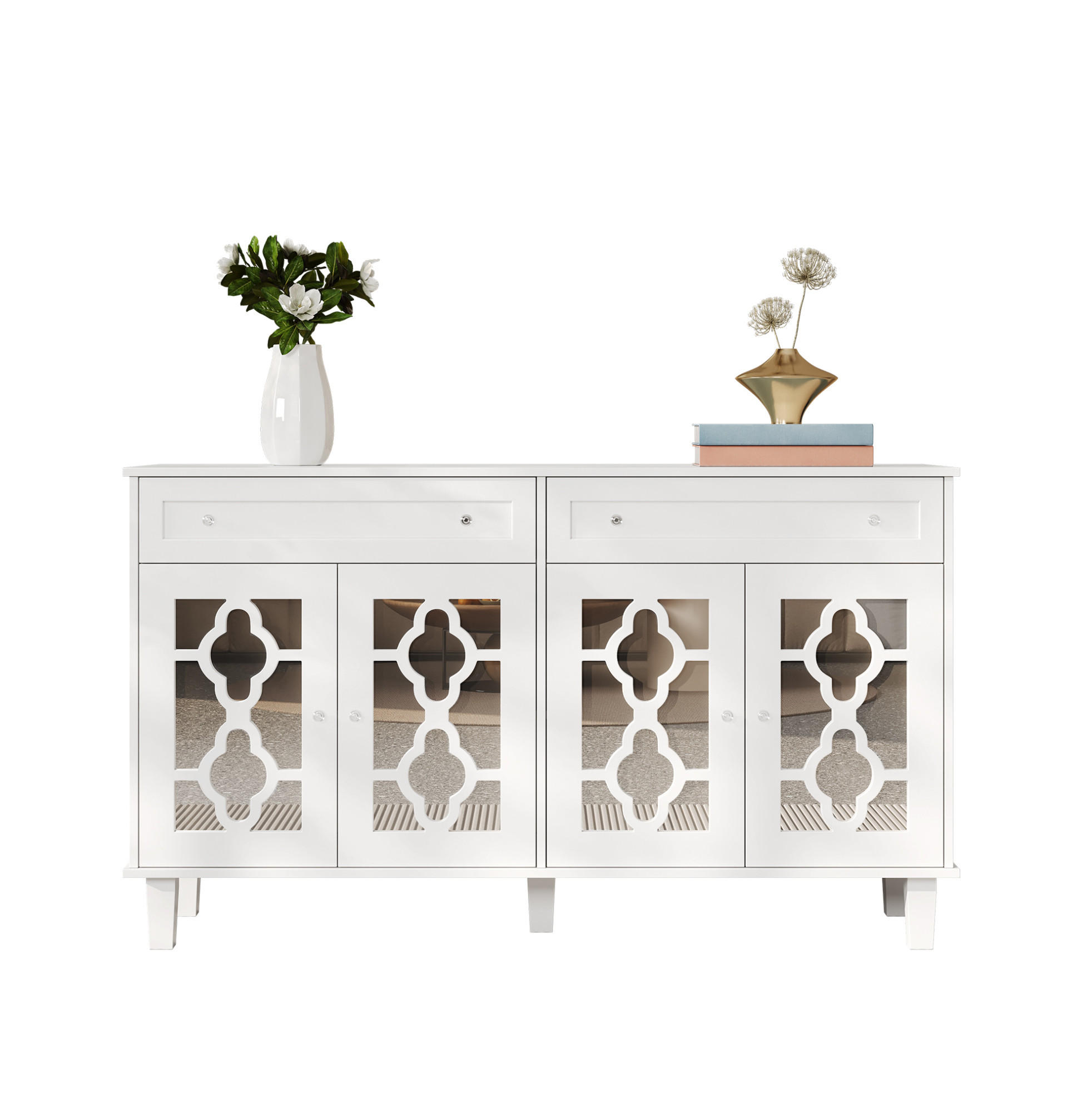 SIDEBOARD 140/40/83 cm in Weiß mit 4 Spiegeltüren und 2 Schubladen - Weiß, Holzwerkstoff (140/83/40cm) - Flora Grace