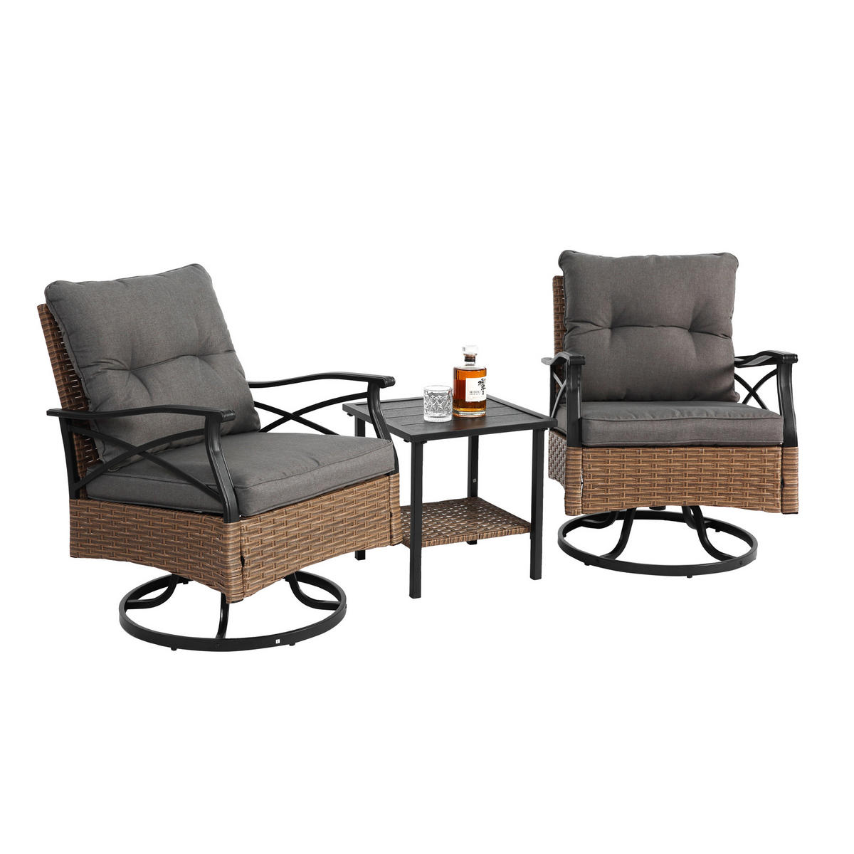 GARTENSTUHL SET 3-tlg Polyrattan Braun/Grau 2 Dreh-Schaukelstühle mit Beistelltisch - Graubraun, Metall - Urban Meuble