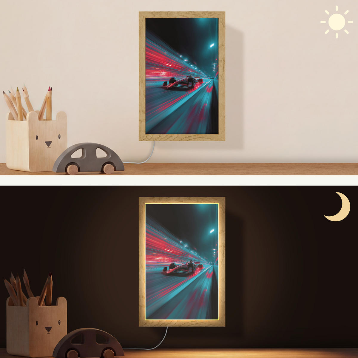 NÁSTĚNNÁ LAMPA Závodní auto - Červená - Rychlost 20x30 cm - tyrkysová, kompozitní dřevo (20/30/8cm) - OnlyWow