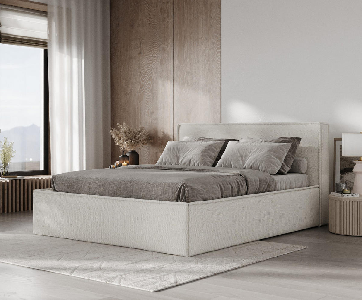 POLSTERBETT Sato mit Stauraum 200/200 cm Creme im Modesto Stoff - Creme/Schwarz, Holz/Holzwerkstoff (200/200cm) - AltaBeds