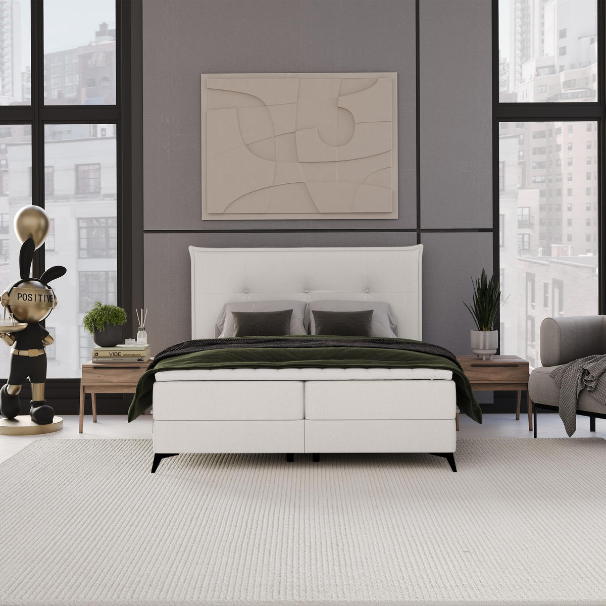 BOXBETT Menzzo Creme 200/200 cm mit Matratze und Topper - Creme/Schwarz, Holz/Holzwerkstoff (200/200cm) - Maison de Reve