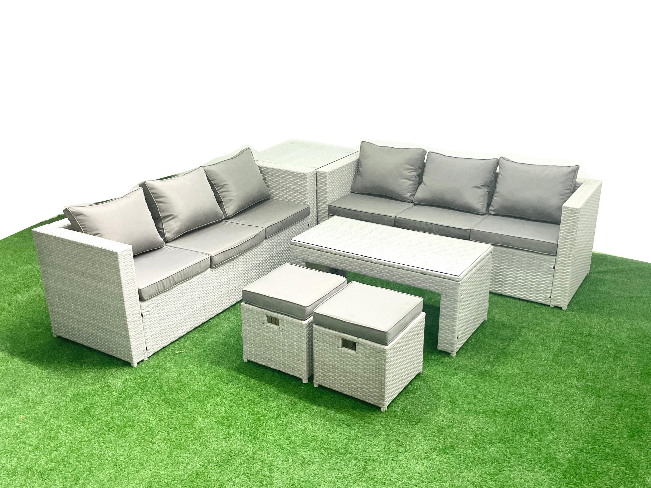 GARTENSOFA hohe Rückenlehne Polyrattan Hellgrau-Mix 8-Sitzer - Hellgrau/Grau, Glas/Kunststoff - Fimous