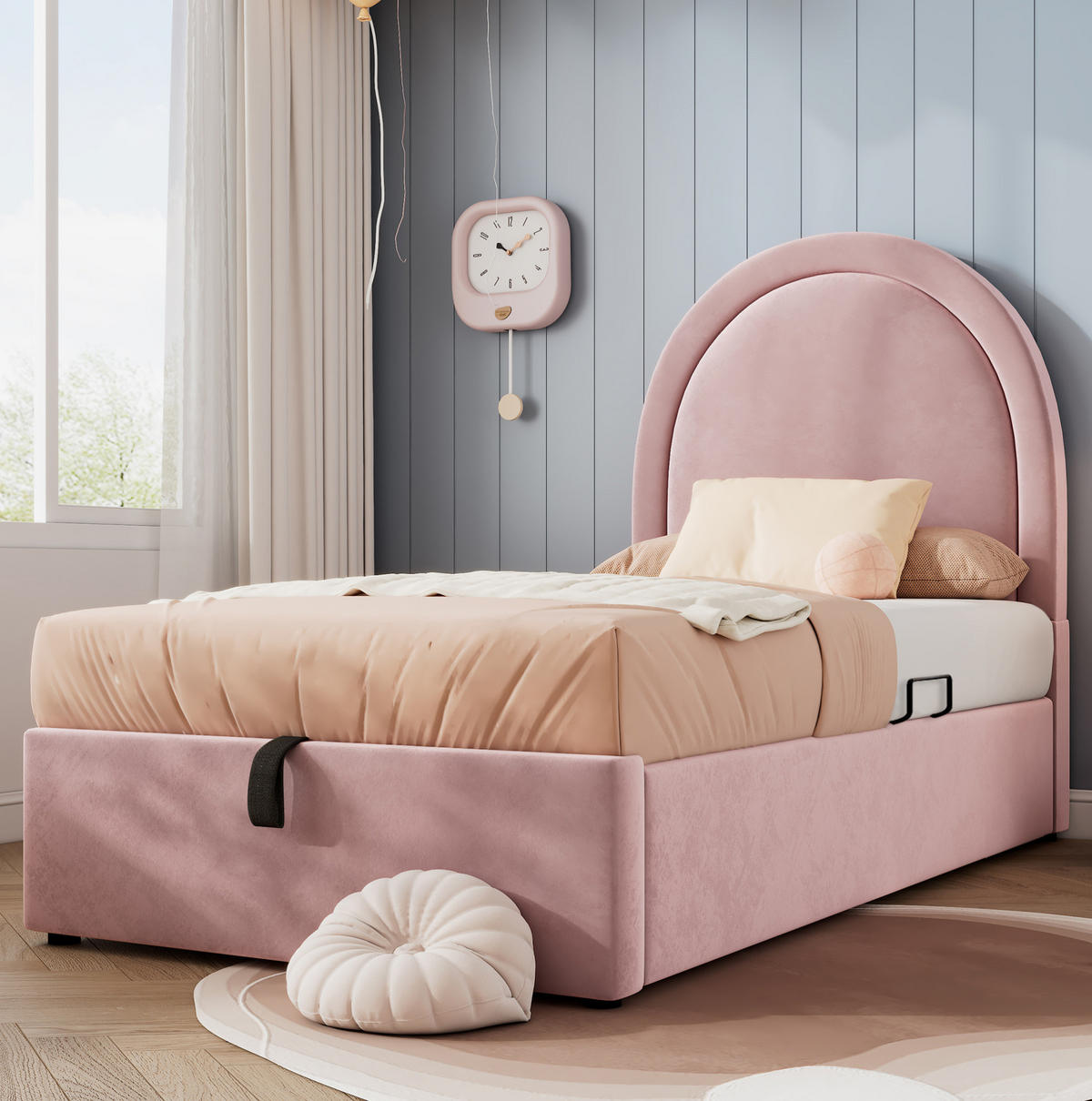 KINDERBETT 90/190 cm in Rosa mit Samtbezug und Bettkasten - Rosa, Textil (90/190cm) - BEAOK