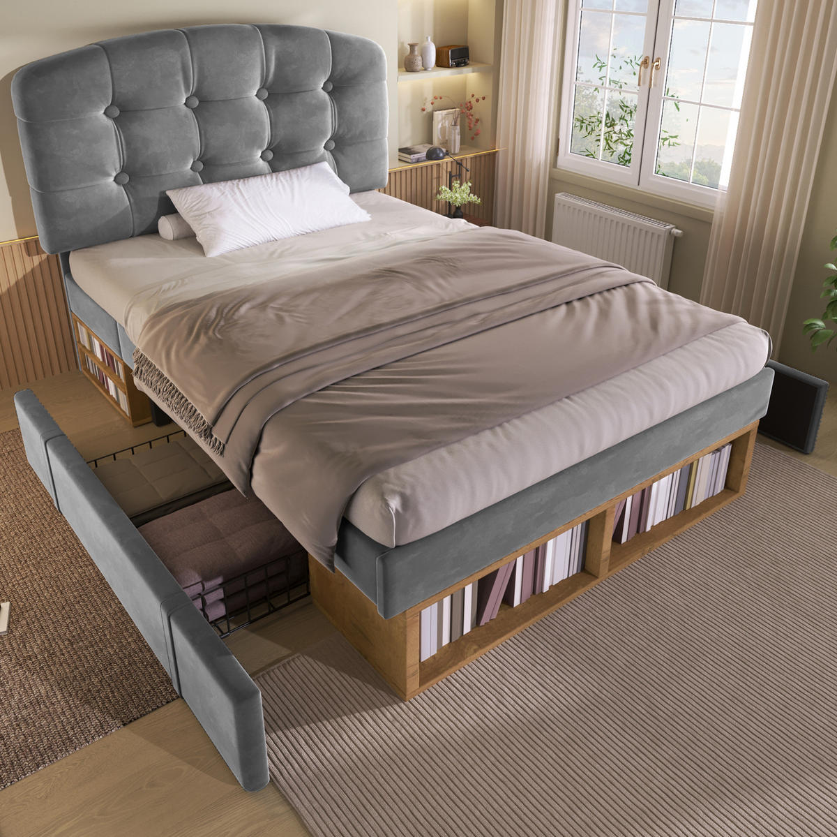 BETT mit Schubladen und Stauraum 90x200 cm Samt Grau - Grau, Metall (90/200cm) - Meubliv