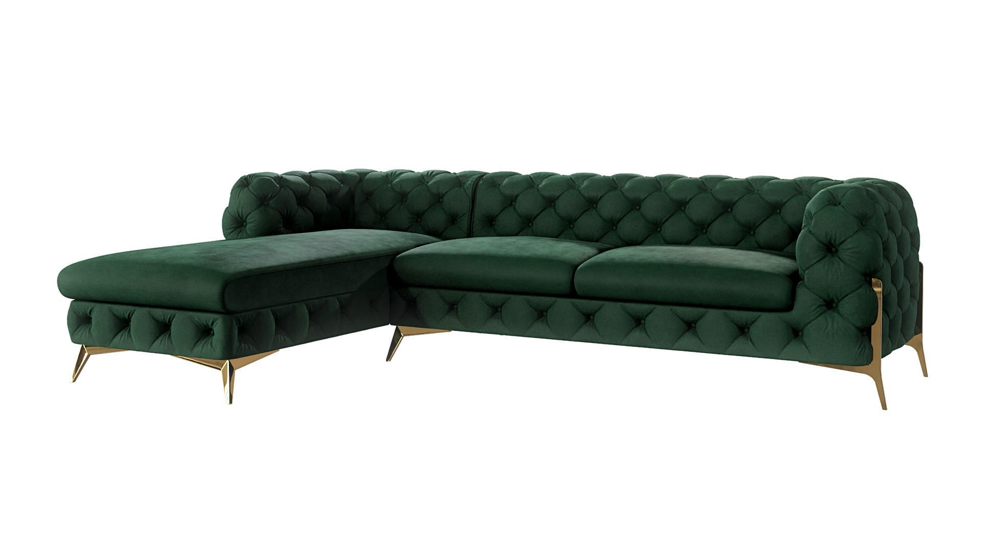 S-Style CHESTERFIELD ROHOVÁ SEDAČKA Lexi v lahvově zelené se zlatými nohami - otomán vlevo