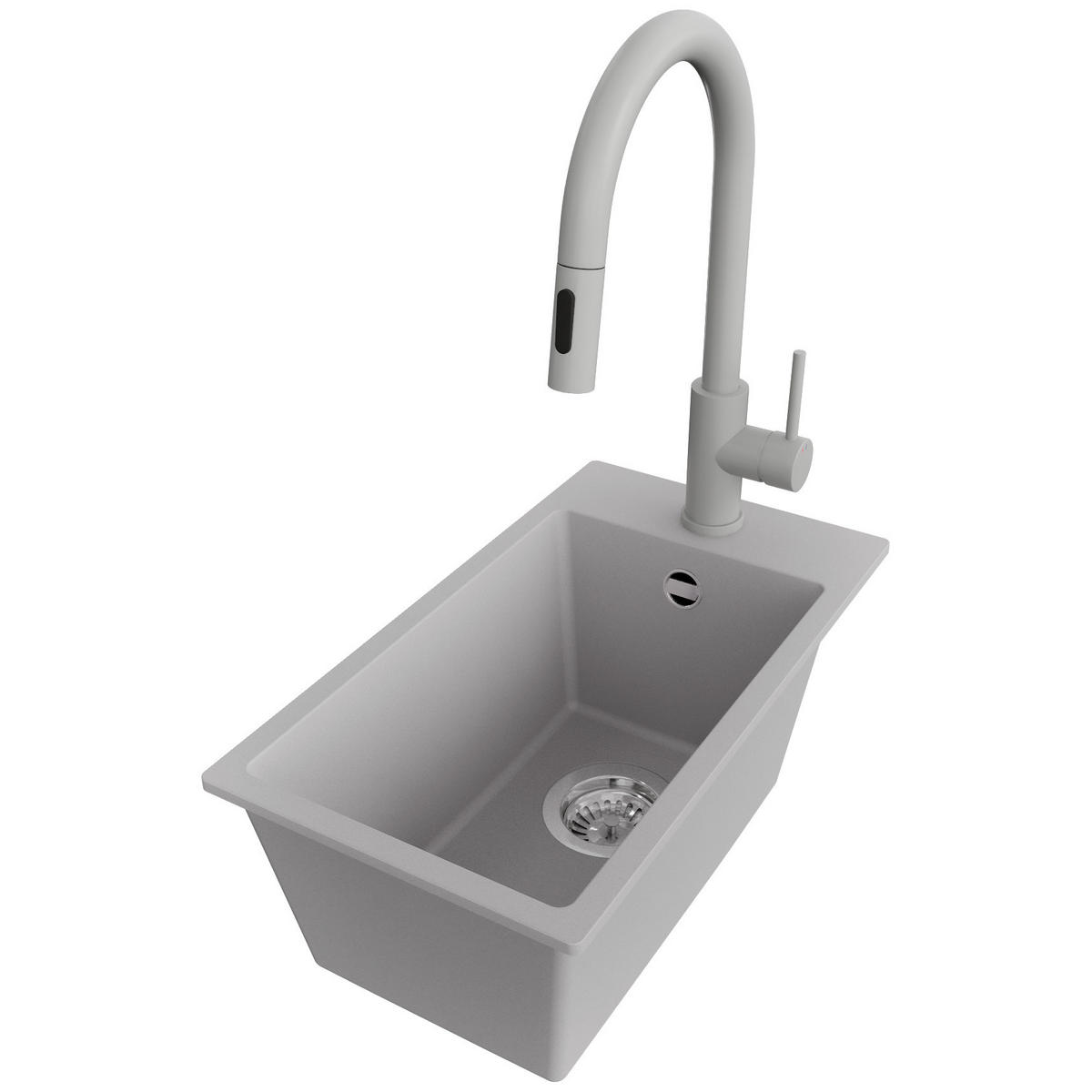 GRANITSPÜLE Riga, 2-er set Grau 28/50 cm 1 Becken + Küchenarmatur 40/20 cm + Ablauf-Set ab 30er Unterschrank - Chromfarben/Grau, Kunststoff (28/20/50cm) - Primagran