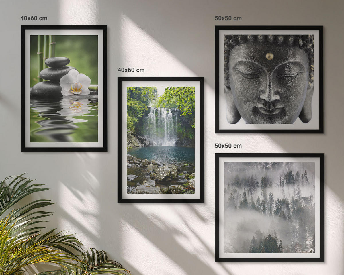 WANDBILDER 4er-Set - 50x50 cm & 40x60 cm Schwarzer Rahmen - Harmonie der Natur, Steine, Wasser, Buddha - Schwarz, Kunststoff (50/50cm) - ArtPrintCave