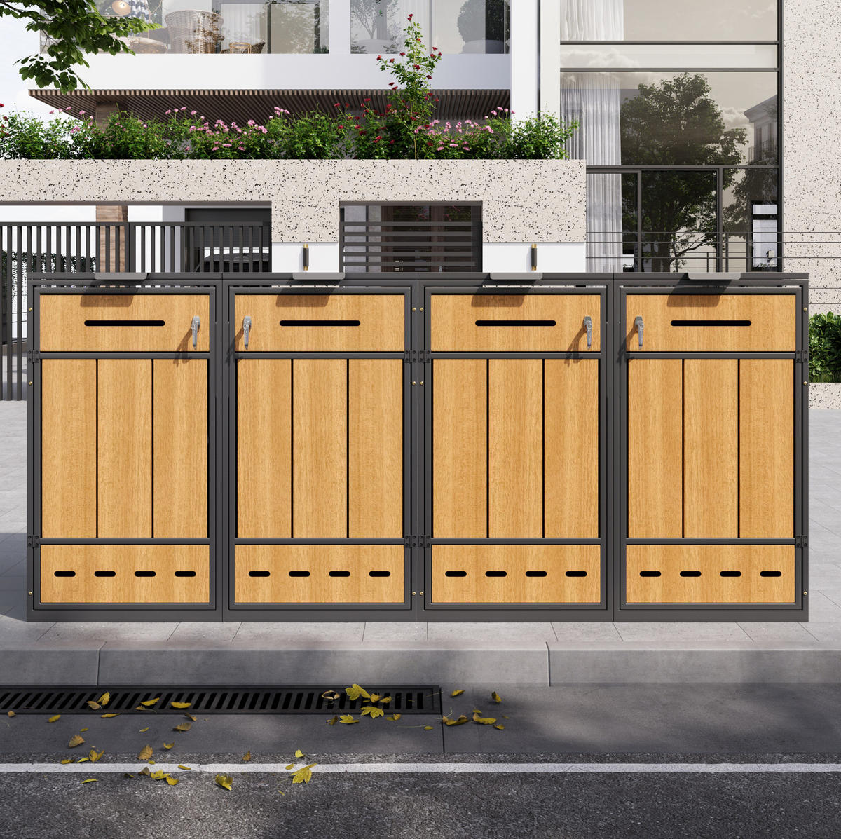 BOX na odpadkové koše z oceli 264x80x118 cm šedá/dekor dřeva se 4 oddíly, výklopným víkem, předními dvířky a větráním - šedá, kov (264/118/80cm) - Modfu