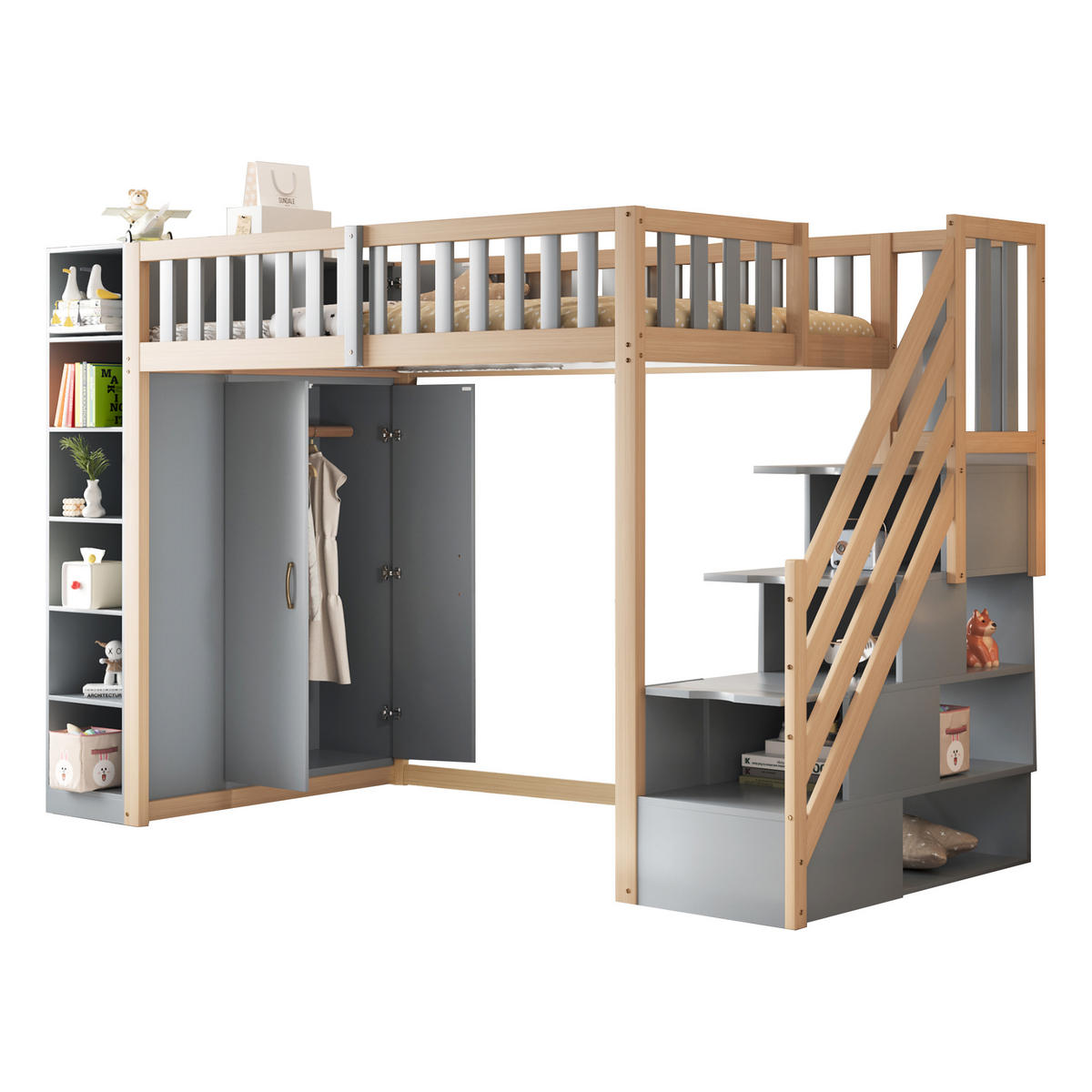 HOCHBETT 90/200 cm DE-01656, in Grau & Holz, mit Kleiderschrank, Regalen und Stauraumleiter - Grau, Holz (90/200cm) - ComfortXL