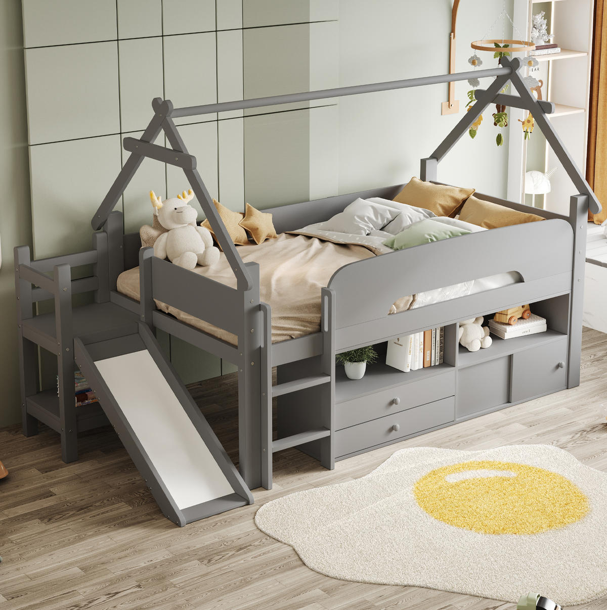HOCHBETT 90/200 cm mit Rutsche, Dachrahmen, Stauraum und Sicherheitsgeländer, Grau - Grau, Holzwerkstoff (90/200cm) - Redom