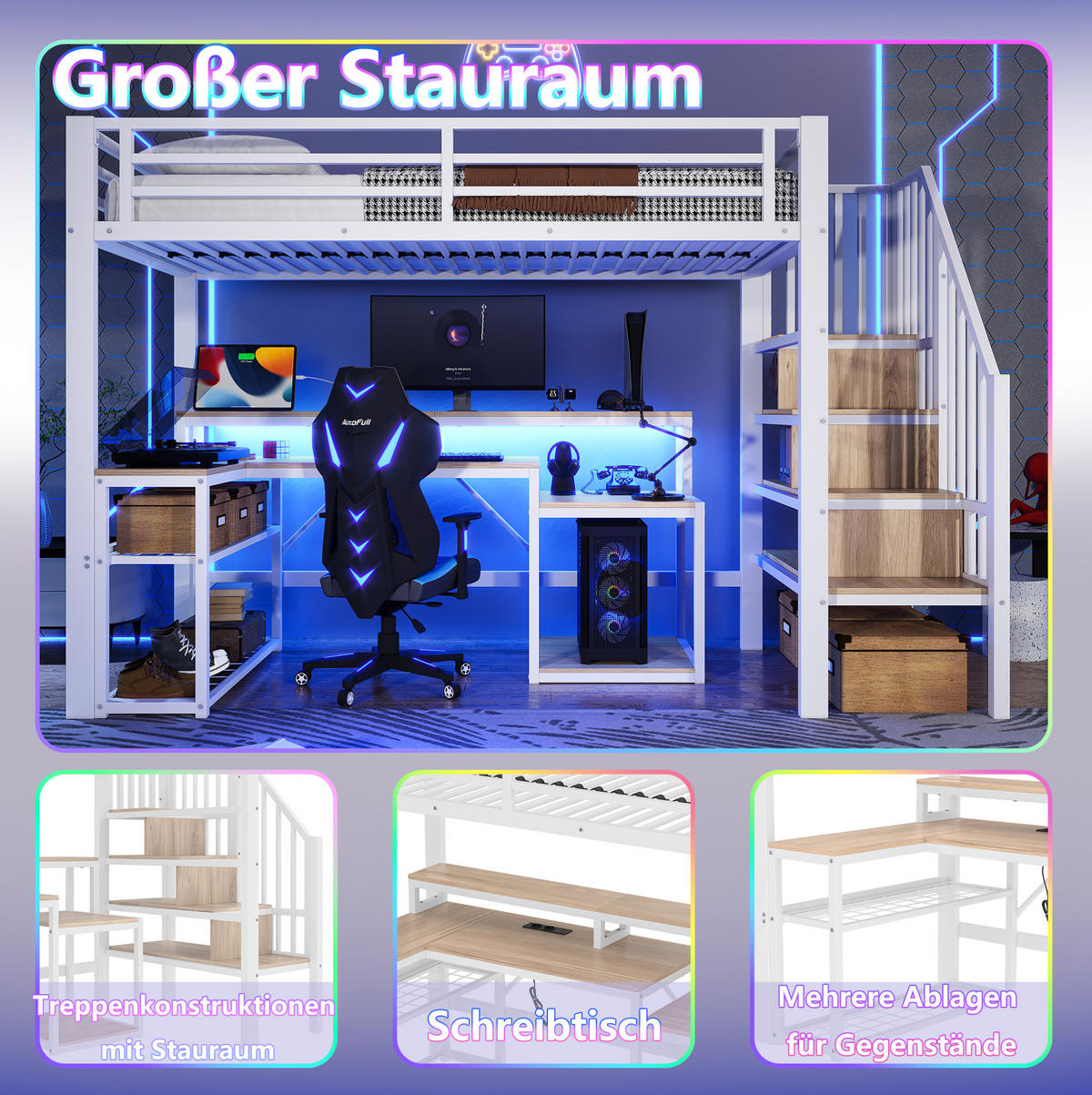 HOCHBETT 90/200 cm aus Metall und MDF mit Schreibtisch, LED-Lichtleiste und Stauraumtreppe Weiß - Weiß, Metall (90/200cm) - Modenvie