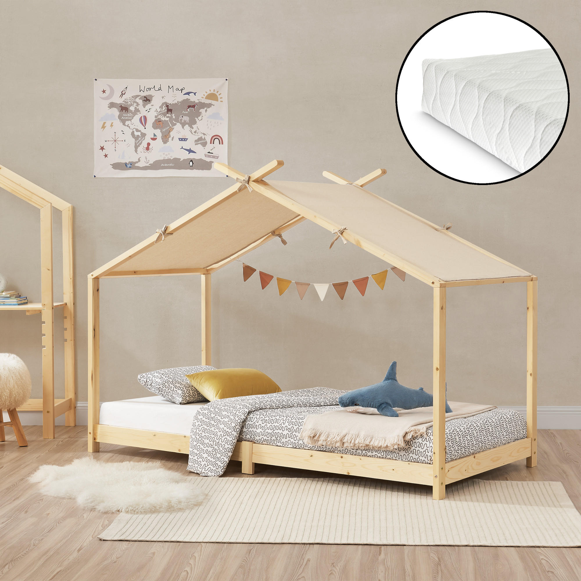 HAUSBETT Brome mit Matratze - Naturfarben, Holz/Textil (90/200cm) - [en.casa]