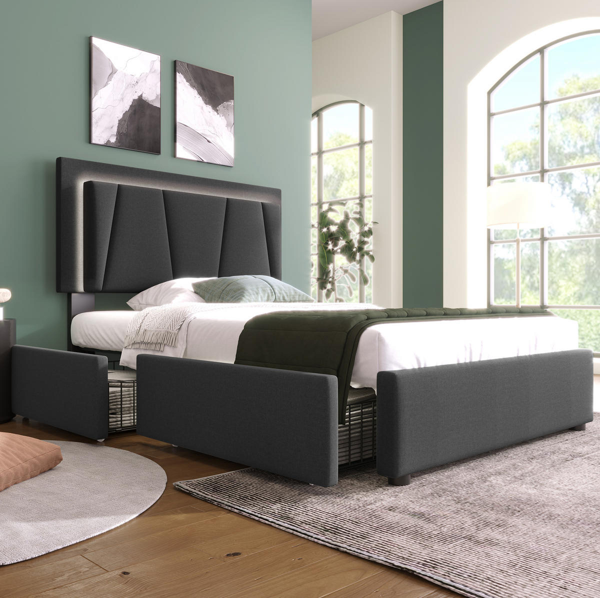 POLSTERBETT 90/200 cm Grau mit LED-Beleuchtung und 2 Schubladen - Grau, Holz (90/200cm) - Flora Grace