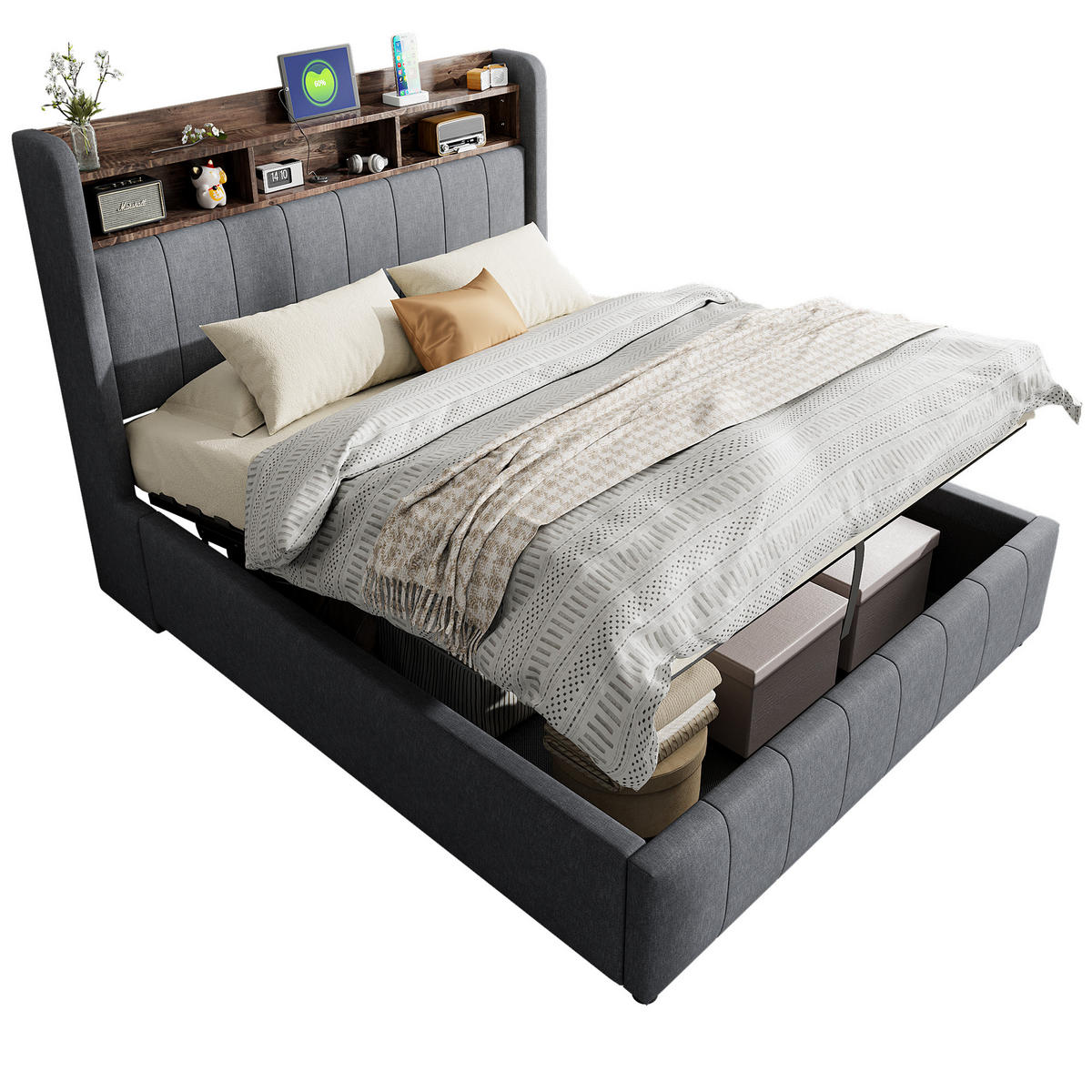 POLSTERBETT 140/200 cm grau mit LED-Beleuchtung und USB-Anschlüssen, hydraulisches Stauraumsystem - Grau, Textil (140/200cm) - OKWISH