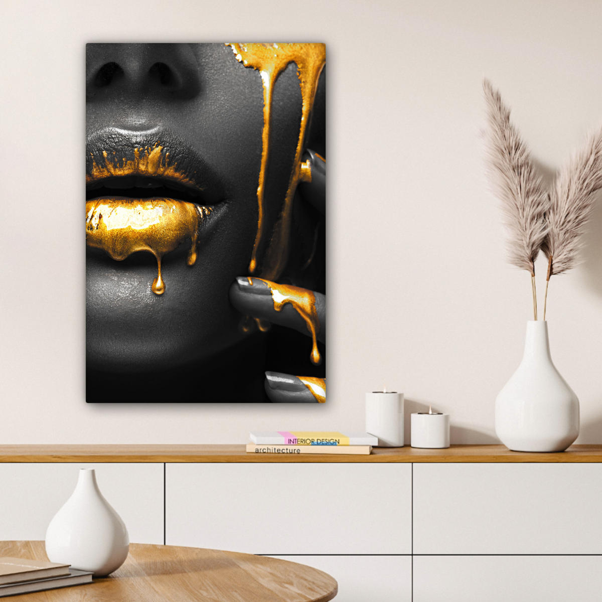 LEINWANDBILD Frau - Schwarz - Gold - Gesicht - Lippen 60x90 cm - Goldfarben, Textil (60/90cm) - MuchoWow