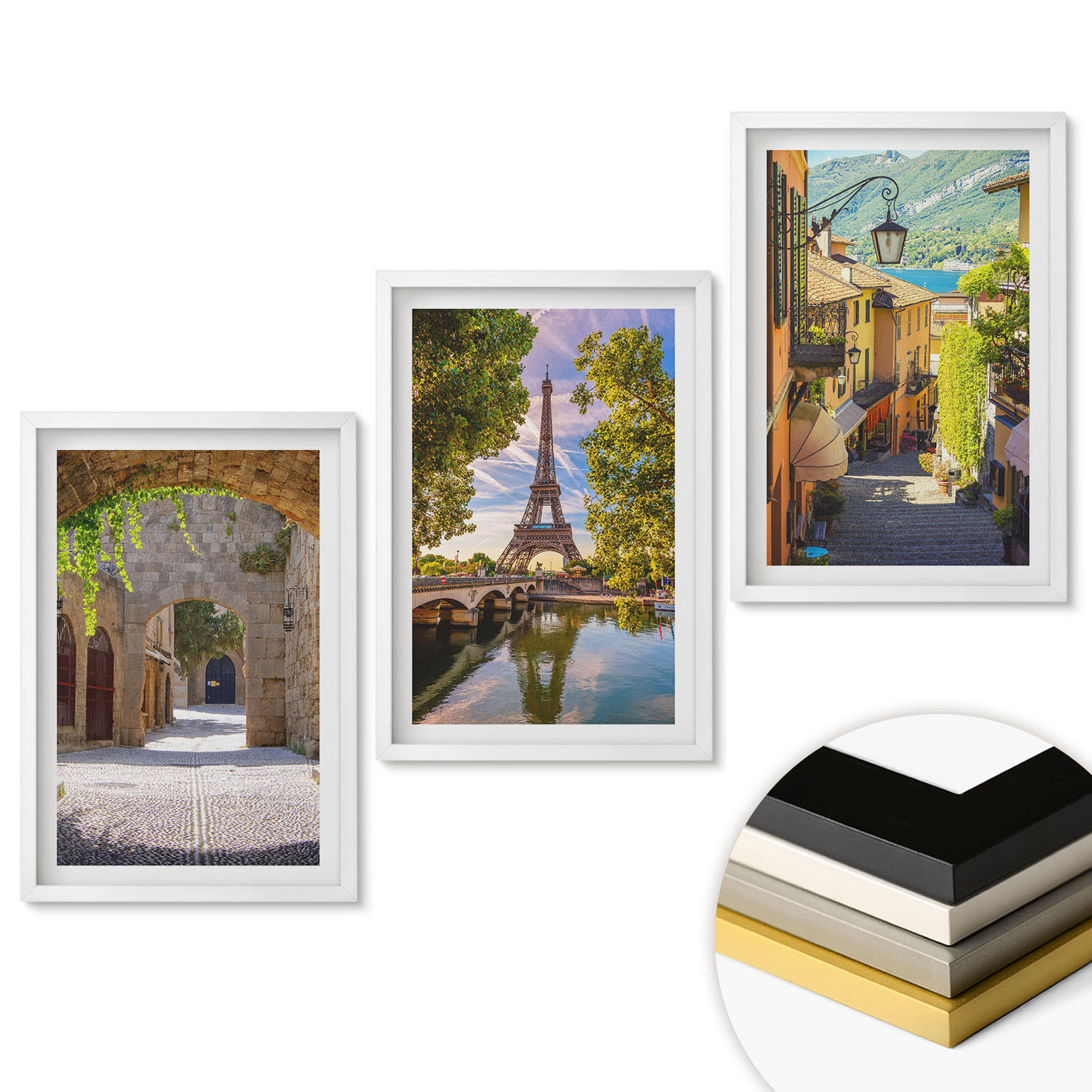 WANDBILDER 3er-Set - 40x60 cm Weißer Rahmen - Straßen der Eiffel-Architektur - Weiß, Kunststoff (40/60cm) - ArtPrintCave