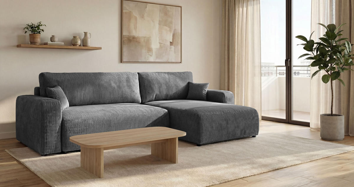 ECKSOFA BERLIN rechts dunkelgrau Cord Poso 60 - Schlaffunktion, Bettkasten - Anthrazit, Textil (285/184cm) - Cornero