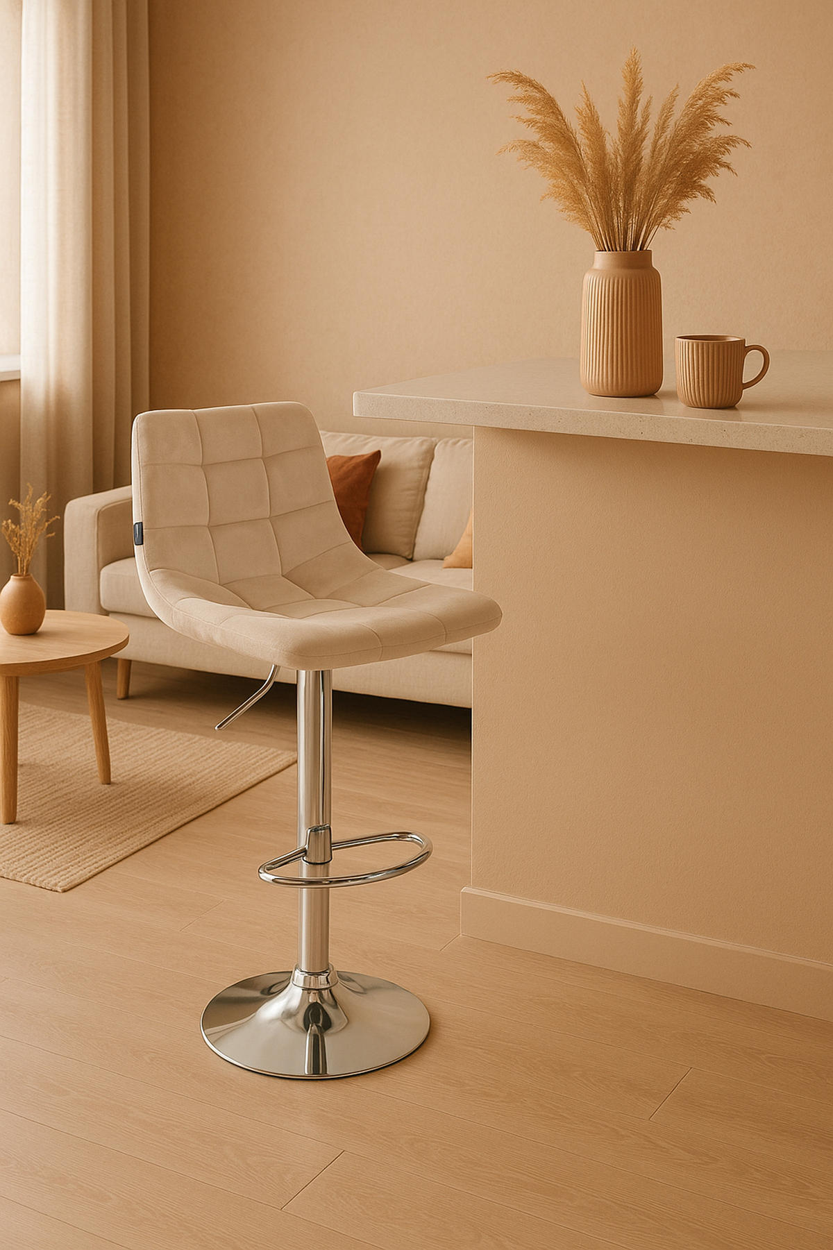 BARHOCKER 2er Set James Samt chrom creme - Chromfarben/Naturfarben, Textil/Metall (43/108.5/46.5cm) - TPFLiving
