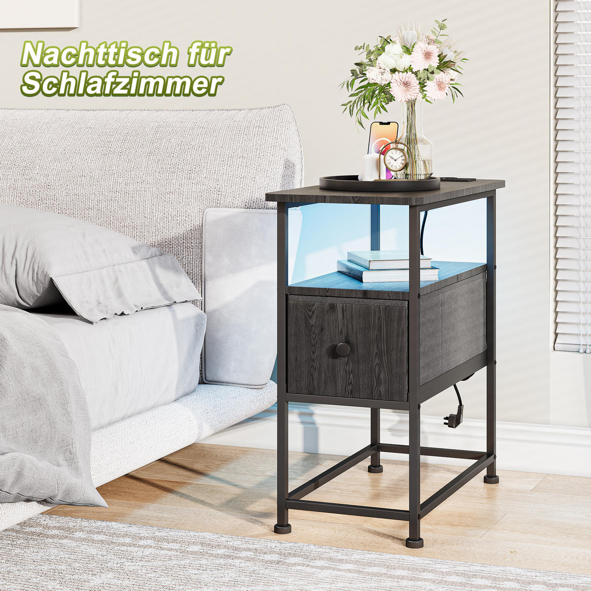 NATTDUKSBORD Svart LED USB 1 Låda - Svart, Metall (30/62/60cm) - SHOPENTRA
