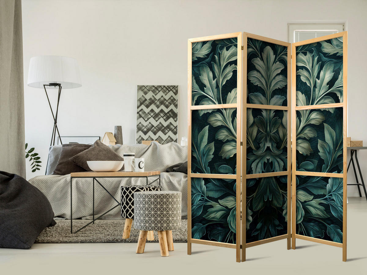PARAVENT Japanischer 3-tlg 135x172 cm Bl tter Ornamente - Grün, Holz/Textil (135/172/3cm) - Muralo