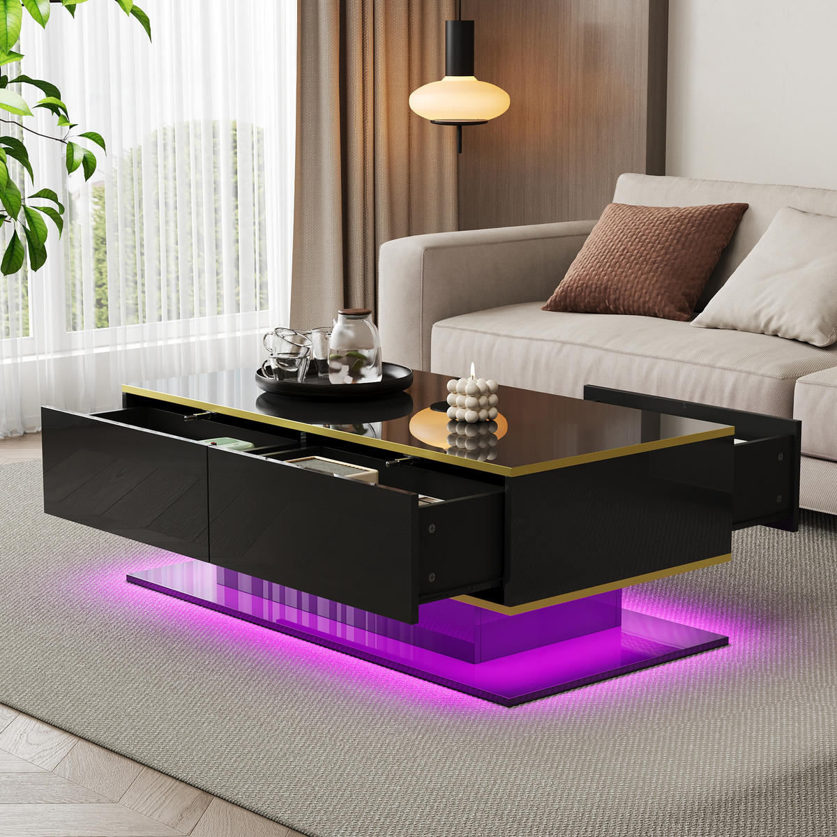 COUCHTISCH 100/50/40 cm Schwarz Gold mit LED-Beleuchtung Hochglanz mit 3 Schubladen - Schwarz, Holzwerkstoff (100/50/40cm) - OKWISH
