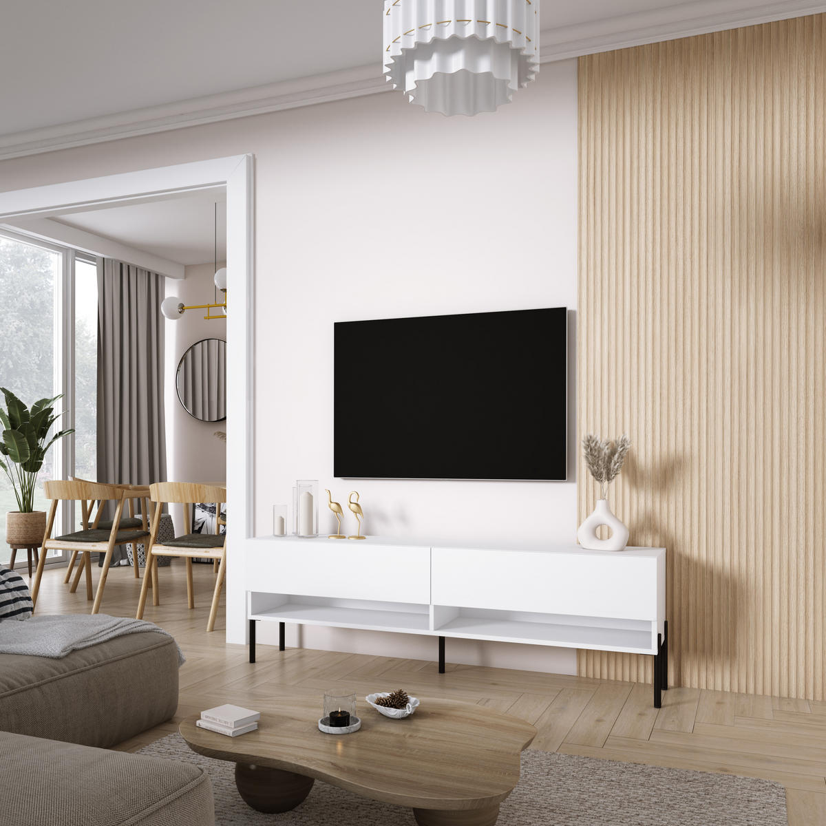 TV-LOWBOARD 170 cm Mattweiß, gerade schwarze Beine, 170 × 32 × 52 cm - Weiß, Holzwerkstoff (170/52/32cm) - 3XE LIVING