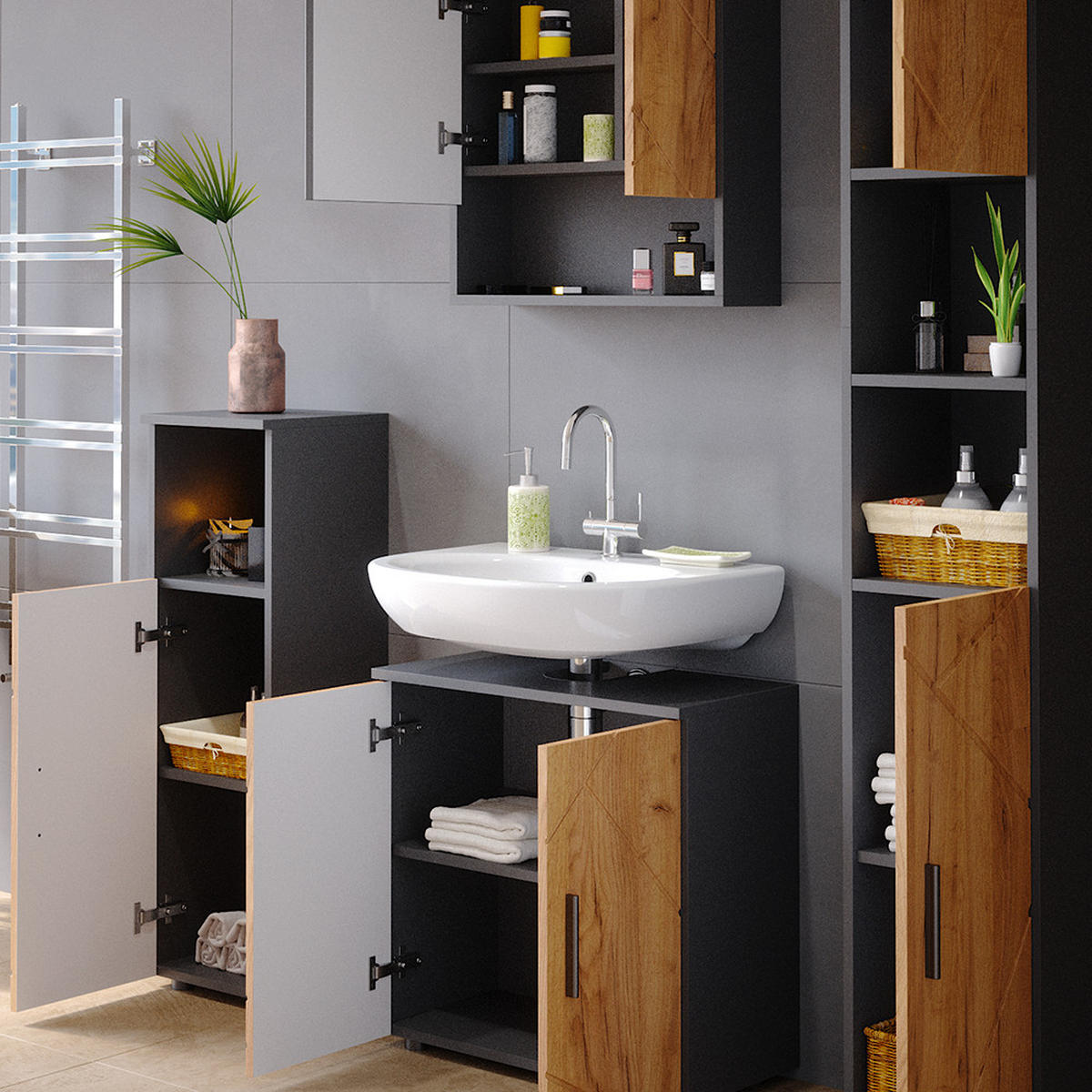 BADMÖBEL-SET Irma Goldkraft Eiche/Anthrazit 4 Teile, mit Hochschrank - Anthrazit/Eiche Wotan, Holzwerkstoff (80/58.6/41cm) - Vicco