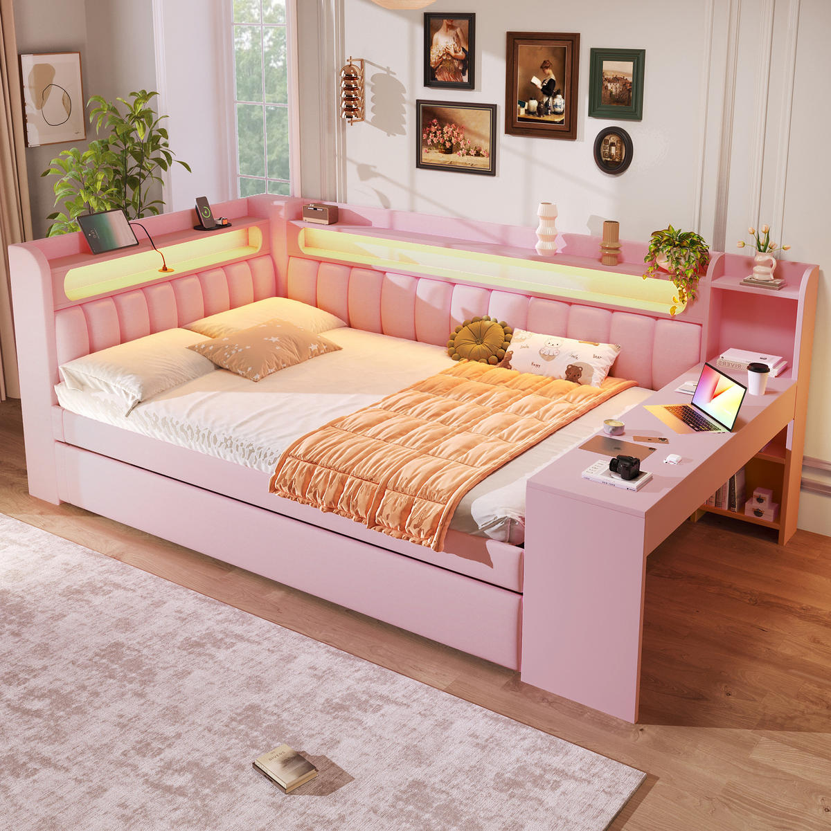 POLSTERBETT 140/200 cm Rosa aus MDF, Sperrholz und Leinen mit Ausziehbett, LED und USB - Rosa, Holzwerkstoff (140/200cm) - OKMYHOME