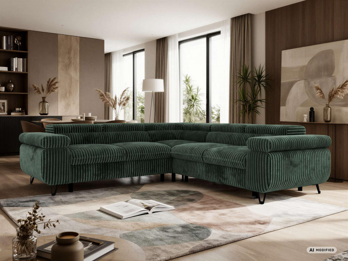 ECKSOFA QUADRO L - Dunkelgrün Cord - Links Seite - Dunkelgrün/Schwarz, Textil/Metall (269/269cm) - MKS