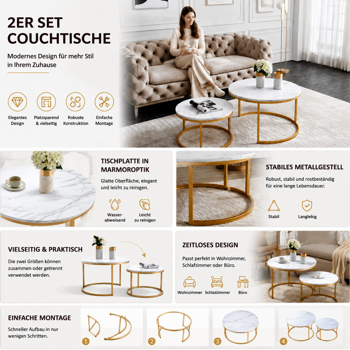 COUCHTISCH rund Marmoroptik gold Metall 2er Set - Goldfarben, Metall (80/80/45cm) - Joyfair
