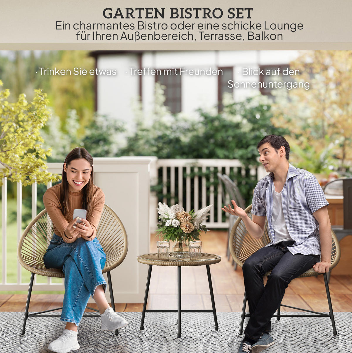 BALKONMÖBEL-SET 72/68/81 cm natur aus Rattan mit 2 Stühlen, Tisch und Glasplatte - Naturfarben, Naturmaterialen - OKWISH