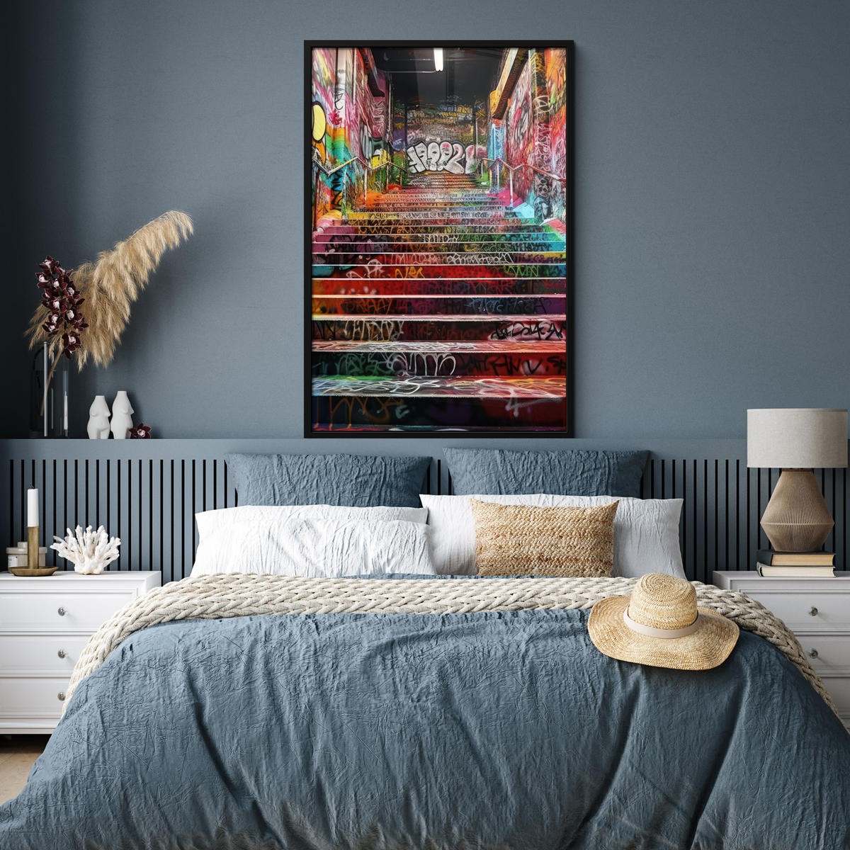 GERAHMTES BILD Treppe - Graffiti - Farben - Kunst 80x120 cm - Multicolor, Papier (80/120cm) - MuchoWow