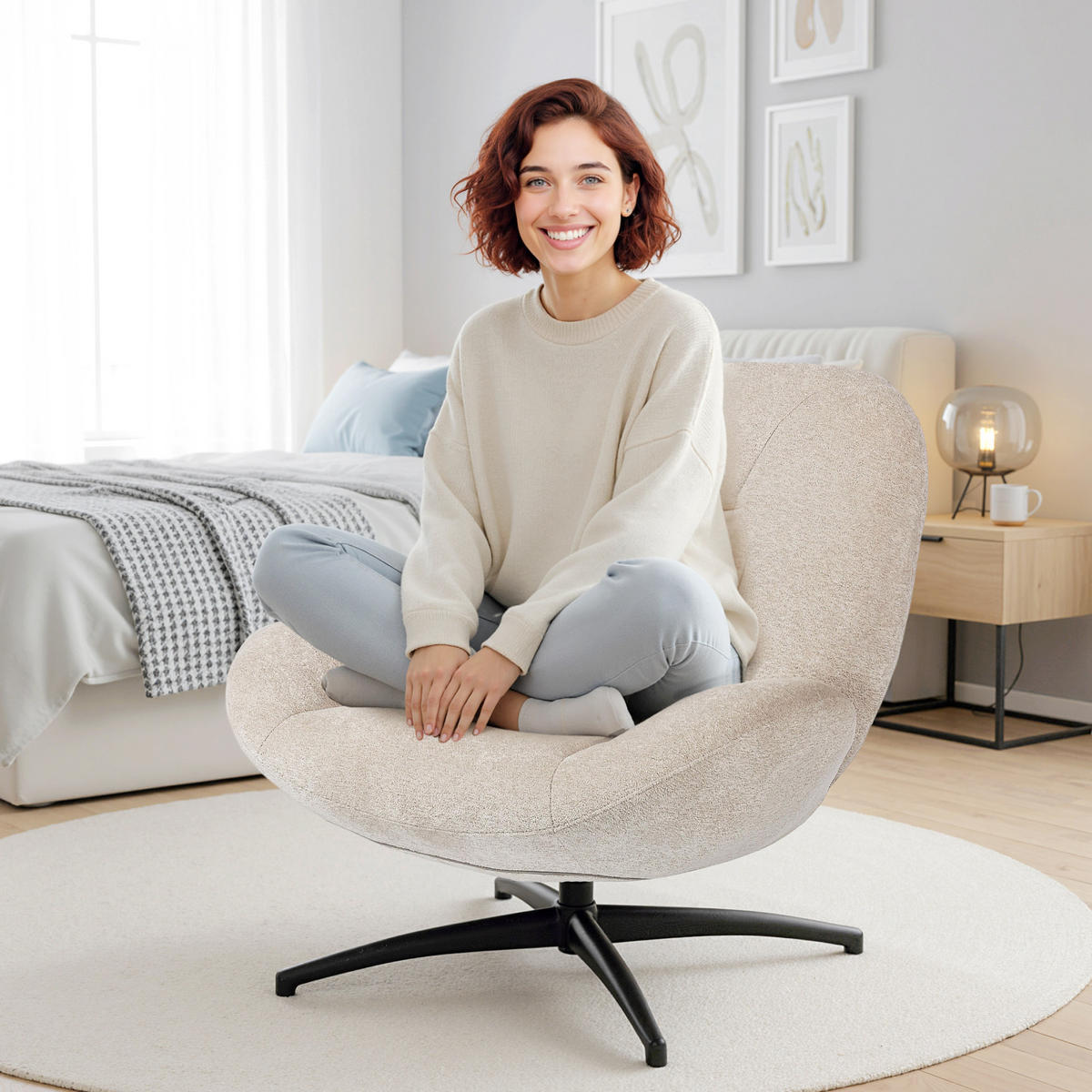 DREHBARER POLSTERSTUHL DE-06900 mit PP-Baumwollfüllung und Stahlbasis Cremeweiß - Creme, Textil/Metall (83/85/89cm) - ComfortXL