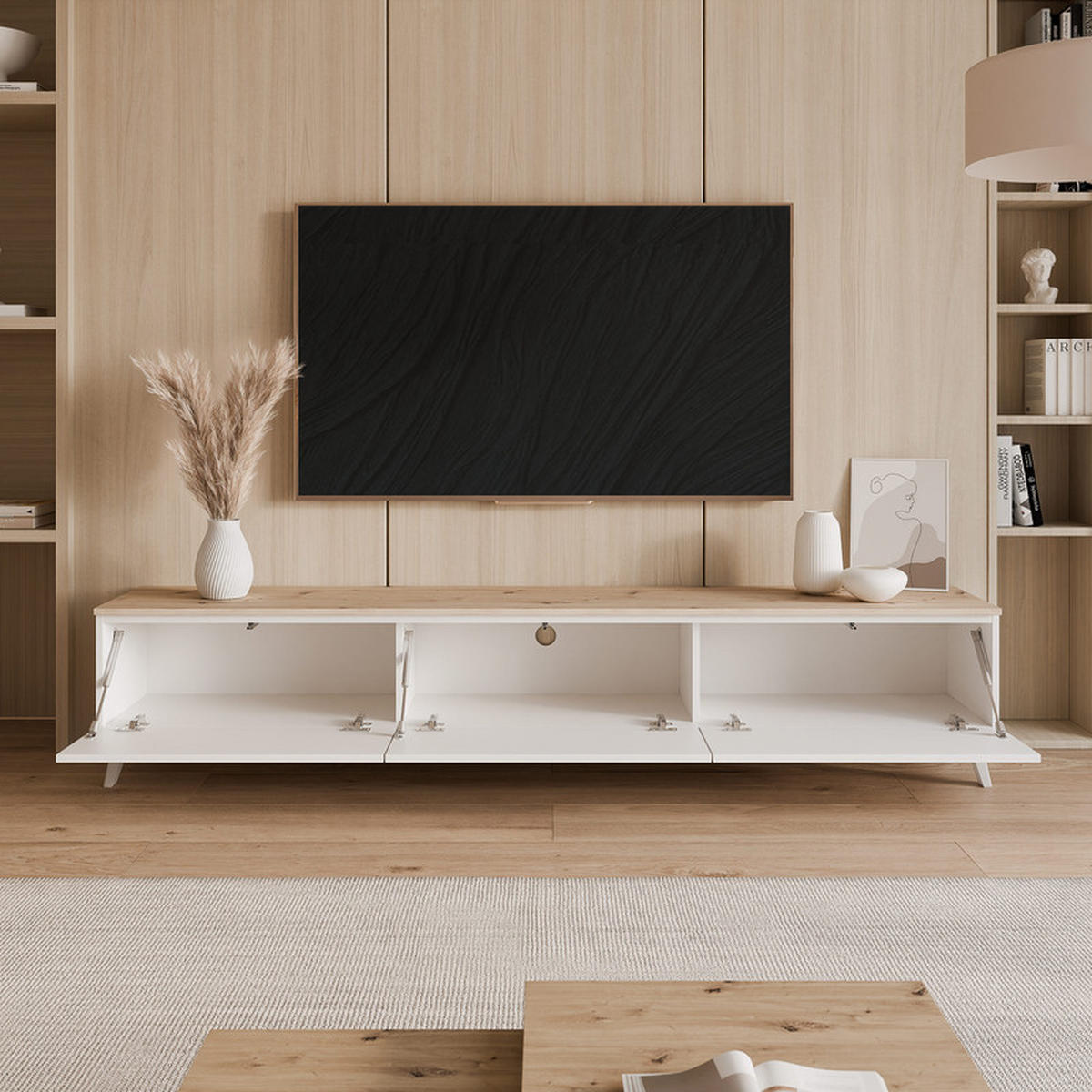 TV-LOWBOARD SELIA mit LED-Beleuchtung, 200 cm Weiß / Handgefertigte Eiche - Weiß, Holzwerkstoff/Kunststoff (200/40.5/35cm) - Idohome