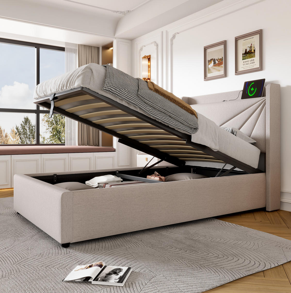 POLSTERBETT 90/200 cm aus Baumwoll-Leinen-Mix mit USB-C-Ladefunktion und Bettkasten Beige - Beige, Textil (90/200cm) - Modenvie