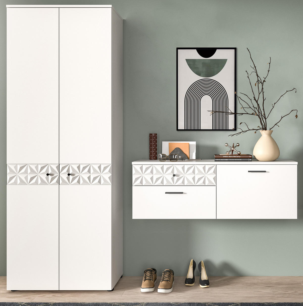 GARDEROBE Set weiß Hochglanz 195 cm, Kombination mit 3D-Struktur - Weiß Hochglanz/Schwarz, Holzwerkstoff/Kunststoff (195/192/34cm) - Inn.Furn