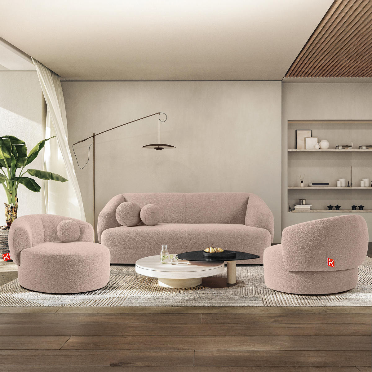 DREHSESSEL VIRA, Rosa, Bouclé - Pink/Schwarz, Holz/Holzwerkstoff (105/76/100cm) - KONSIMO®
