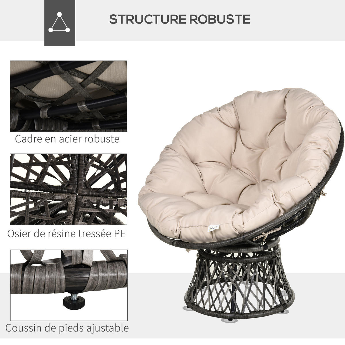 GARTEN-RELAXSESSEL DE-13564 360° drehbar, Ø97x90cm Creme - Creme, Metall (87/90/97cm) - ComfortXL