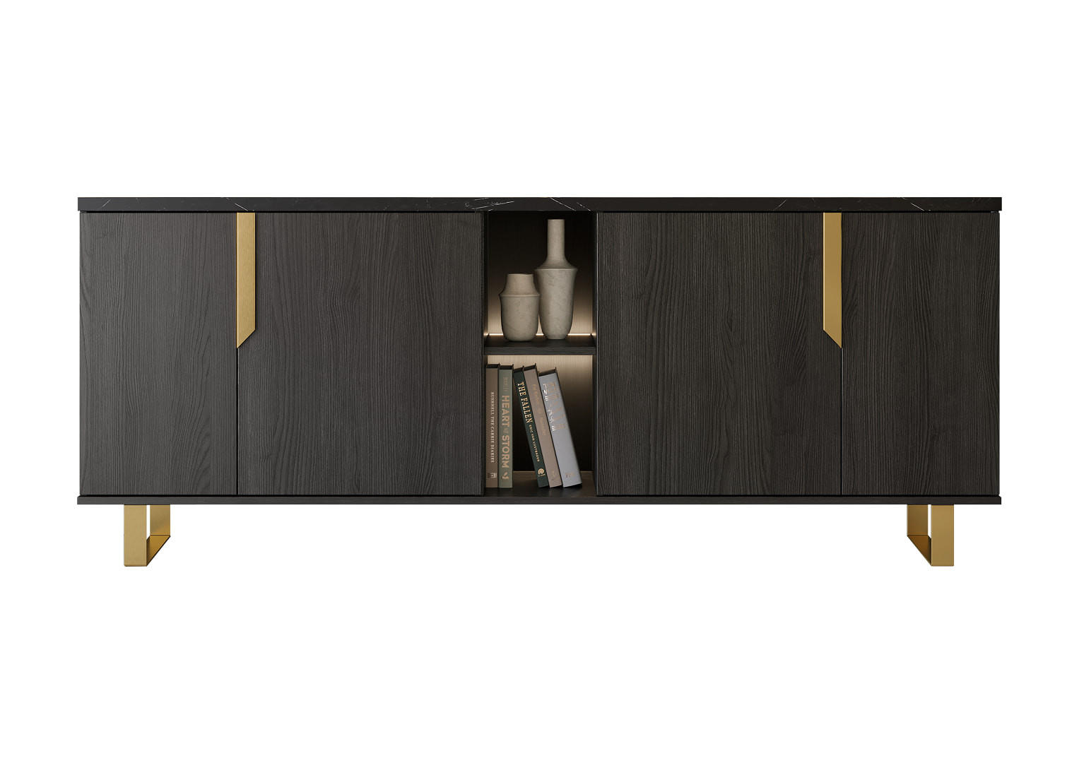 SIDEBOARD ORION 165/205 cm in Rosenholzoptik mit Marmoroptik - Goldfarben/Schwarz, Holzwerkstoff/Metall (205/83/49cm) - Interdesign24