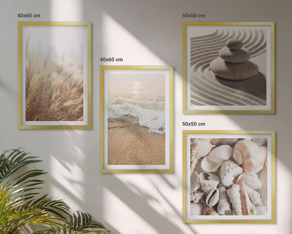 WANDBILDER 4er Set - 50x50 cm & 40x60 cm Goldrahmen - Strandmotive, Muscheln, Wellen - Goldfarben, Kunststoff (50/50cm) - ArtPrintCave