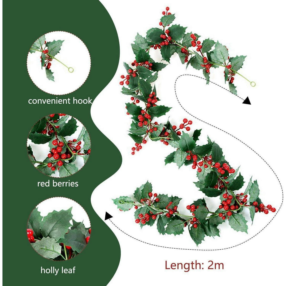 WEIHNACHTS-GIRLANDE 2 Meter mit roten Beeren und Stechpalmenblättern - Multicolor, Kunststoff (200cm)
