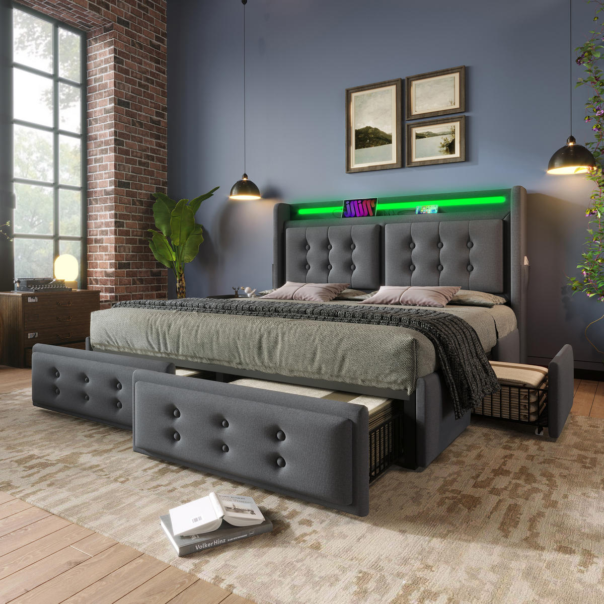 POLSTERBETT 160/200 cm mit LED, USB/Typ-C & 4 Schubladen, Baumwoll-Leinenbezug Grau - Grau, Textil (160/200cm) - Redom