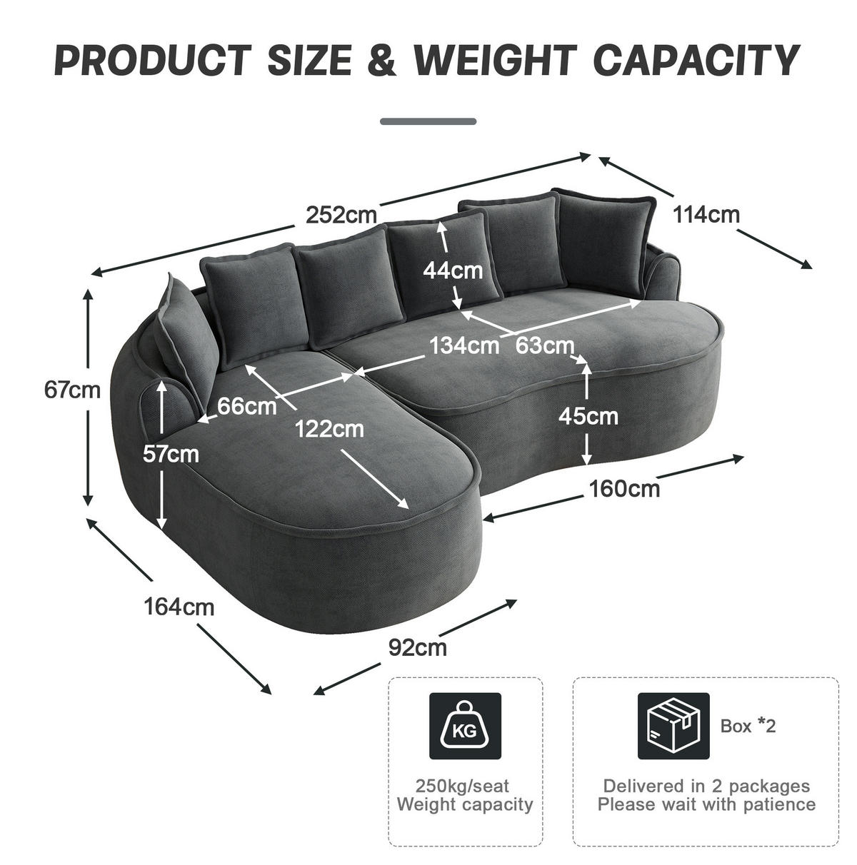 ECKSOFA 252/164/67 cm modular grau aus Chenille rahmenlos mit Schlaffunktion - Grau, Textil (164/252cm) - OKWISH