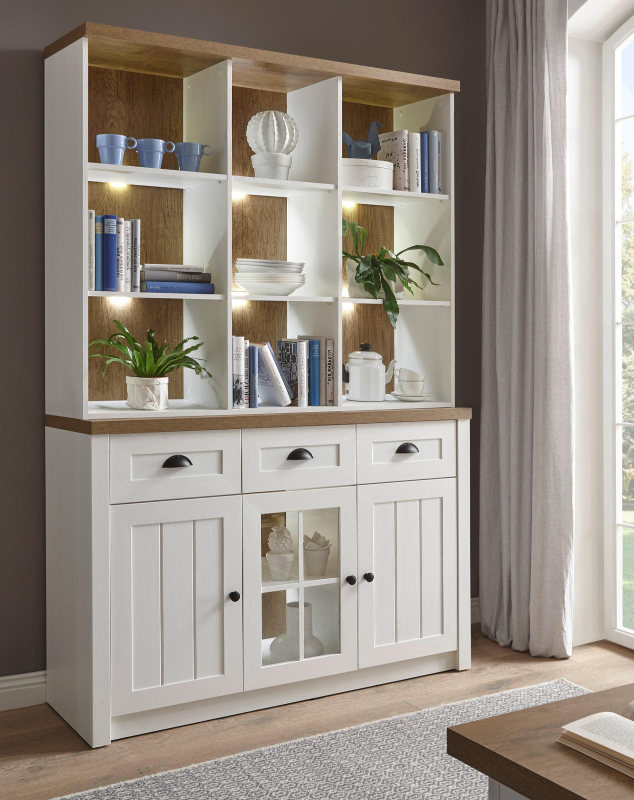 BUFFETSCHRANK weiß Pinie, Eiche hell Landhaus, Buffet 130 x 198 cm - Eichefarben/Schwarz, Holzwerkstoff/Metall (130/198/43cm) - Furn.Design