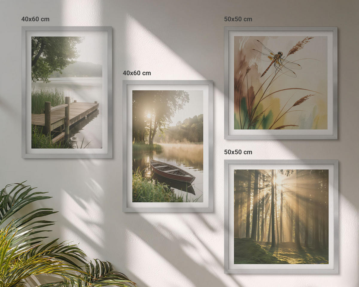BILDER SET 4er Set - 50x50 cm & 40x60 cm Silberner Rahmen - See, Wald, Boot, Morgennebel - Silberfarben, Kunststoff (50/50cm) - TULUP