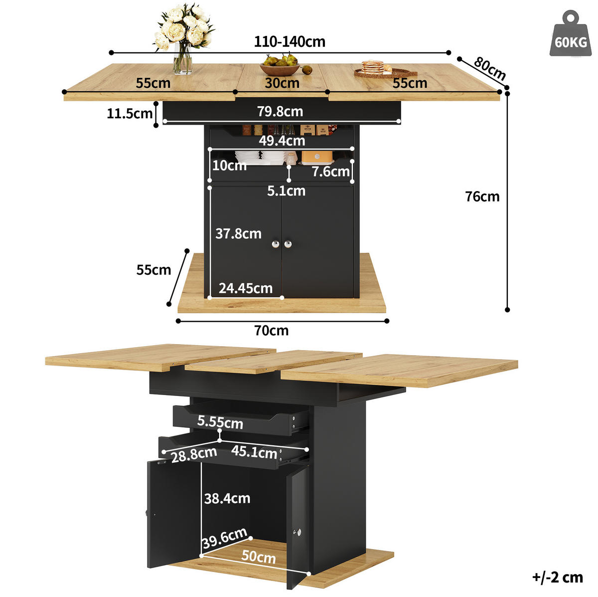ESSTISCH 110-140/80/76 cm ausziehbar mit Stauraum, 2 Schubladen und Schrank, Schwarz - Schwarz, Holzwerkstoff (110/80/76cm) - Redom