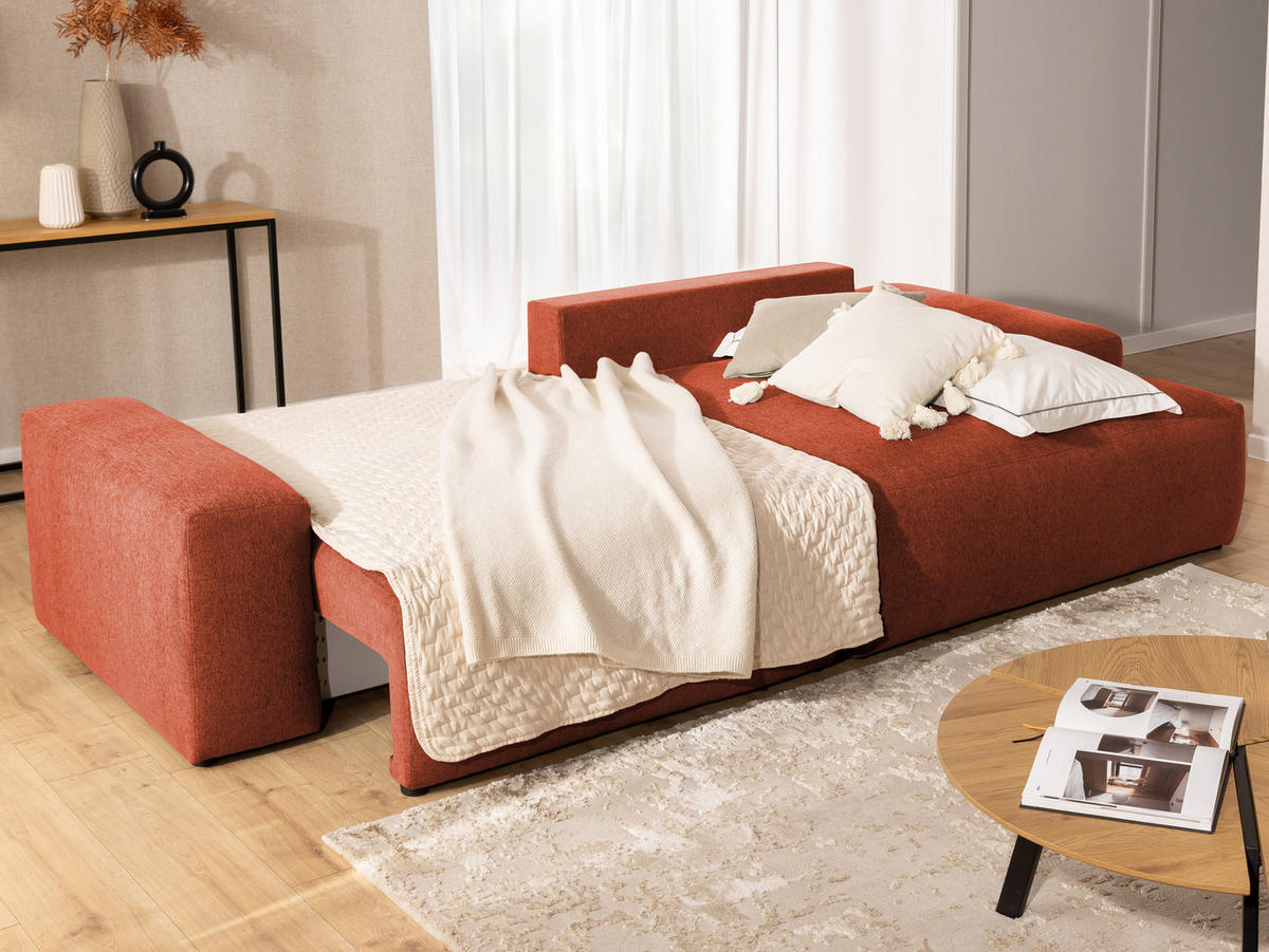 ECKSOFA Lennon aus Terrakotta Strukturstoff mit Schlaffunktion und Bettkasten - Terracotta/Schwarz, Holz/Kunststoff (264/137cm) - S-Style