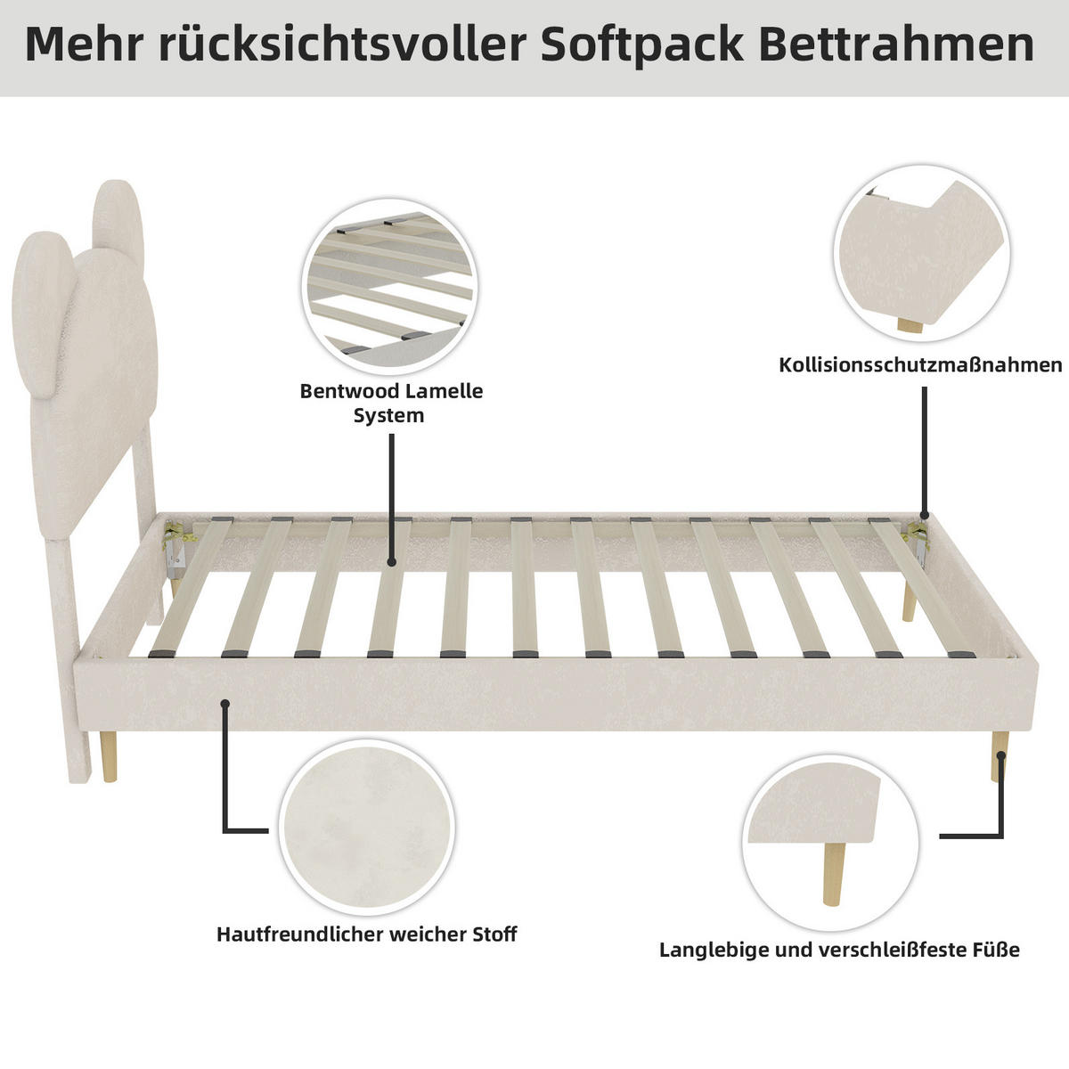 KINDERBETT 90/200 cm mit hydraulischem Bettkasten und gepolstertem Kopfteil in Cartoon-Form, Beige - Beige, Textil (90/200cm) - Redom