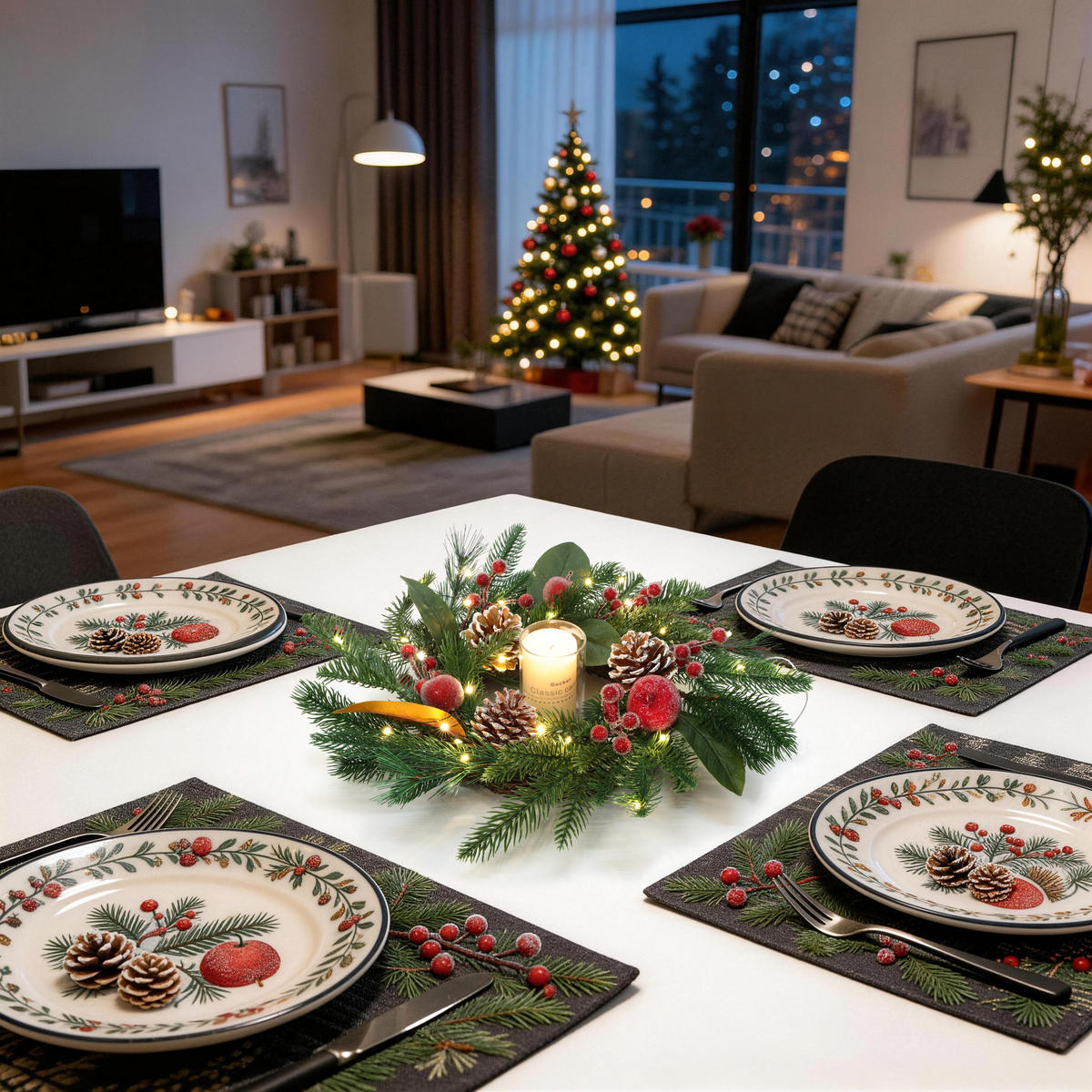 RUSTIKALER Weihnachtskranz Ø40cm mit Äpfeln, LEDs,Timerfunktion - Dunkelgrün, Naturmaterialien (40cm) - Hometopia
