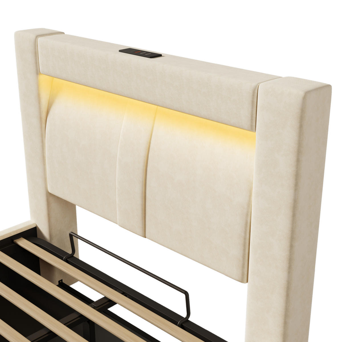 POLSTERBETT aus Samt 90x200 cm Beige mit Bettkasten, LED-Beleuchtung, USB- und USB-C-Anschlüssen, Matratze - Beige, Textil (90/200cm) - IVMEU